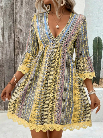 AGITAYITI-Printed V-Neck A-Line Dress