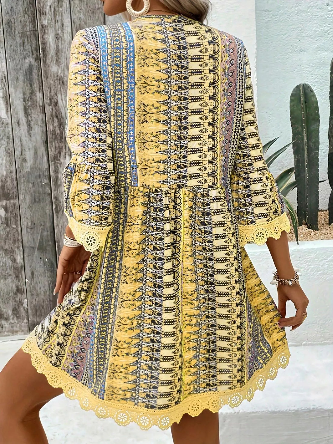 AGITAYITI-Printed V-Neck A-Line Dress
