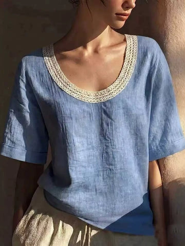 Full Size Tourisme509 Lace Trim Short Sleeve Blouse Plus Size [AGITAYITI]